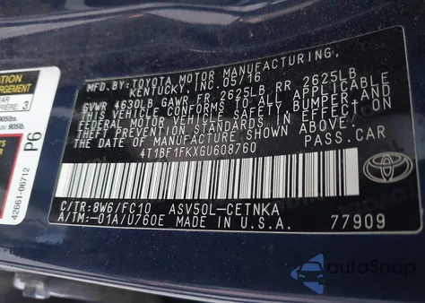 2016 Toyota Camry Le z USA, uszkodzony, nr VIN 4T1BF1FKXGU608760